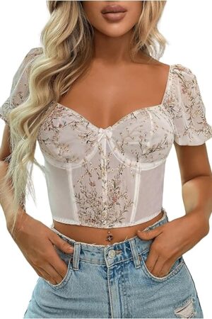 Women's Floral Lace Puff Sleeve Sweetheart Neck Bustier Corset Crop Top