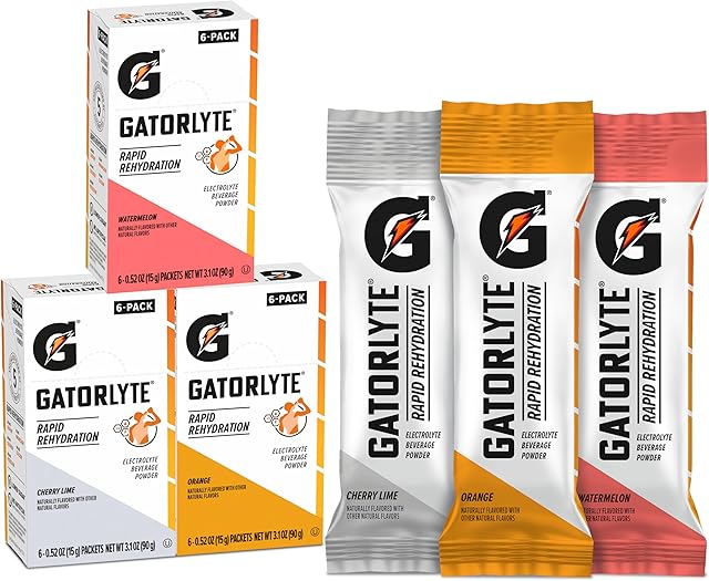 Gatorlyte Rapid Rehydration Electrolyte Beverage, Variety Pack, Lower Sugar, Specialized Blend of 5 Electrolytes, No Artificial Sweeteners or Flavors, 18 pack, 1 pack mixes with 169oz (500ml) water