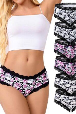 Women Underwear 6pcs Gothic Sexy Lingerie Lace Low Rise Bikini Hipster Pantie Comfortable Undie Skull Print Underpant