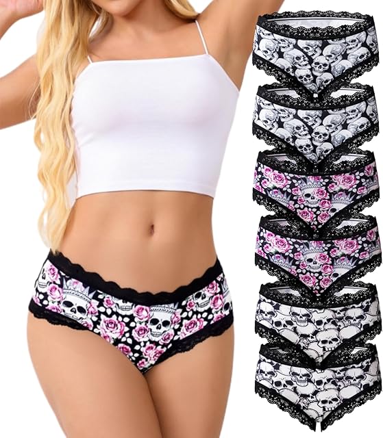 Women Underwear 6pcs Gothic Sexy Lingerie Lace Low Rise Bikini Hipster Pantie Comfortable Undie Skull Print Underpant