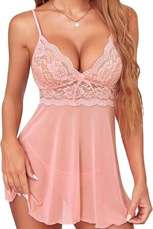 Women Lingerie Lace Babydoll Strap Chemise Halter Teddy V Neck Sleepwear Peach XL