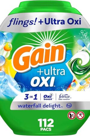 Gain flings Ultra Oxi Laundry Detergent Pacs, 112 Count, Waterfall Delight Scent, 3-in-1, HE Compatible