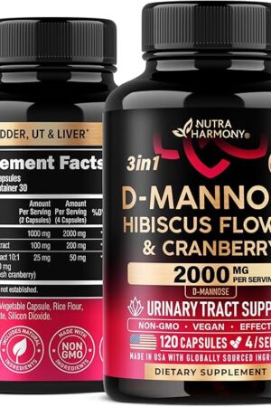 D-Mannose 2000mg with Cranberry & Hibiscus - Clinically Tested Strength for Urinary Tract Health - Supplement for Women - Bladder, Liver & Microflora Support - Made in USA - Vegan, 120 Capsules
