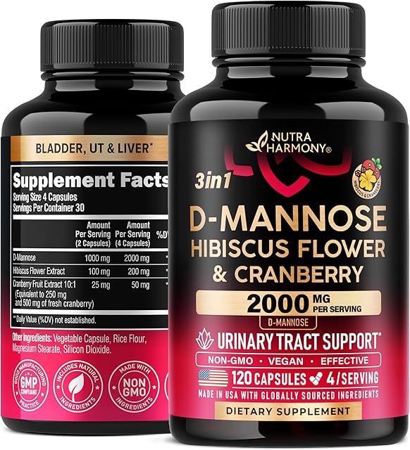 D-Mannose 2000mg with Cranberry & Hibiscus - Clinically Tested Strength for Urinary Tract Health - Supplement for Women - Bladder, Liver & Microflora Support - Made in USA - Vegan, 120 Capsules