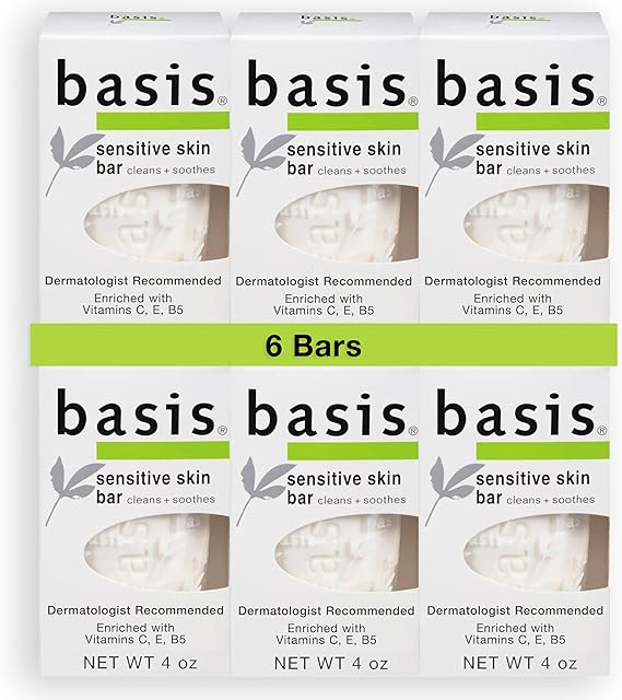 Basis Sensitive Skin Bar Soap for Body, Hands and Face, Unscented Soap Bar for Sensitive Skin with Chamomile and Aloe Vera, 4 Oz, Pack of 6
