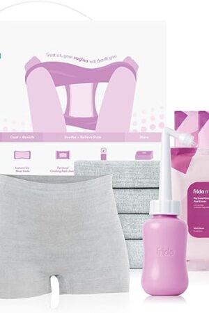 Frida Mom 11pc Postpartum Essentials Kit Gift Set, Hospital Bag Must Haves for New Mom, Includes 4 Disposable Postpartum Underwear, 4 Ice Maxi Pads, Perineal Healing Foam & 24 Pad Liners & Peri Bottle