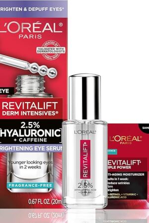 L'Oreal Paris Revitalift Hyaluronic Acid + Caffeine Hydrating Eye Serum for Dark Circles, Fragrance Free 67 fl oz + Moisturizer Sample