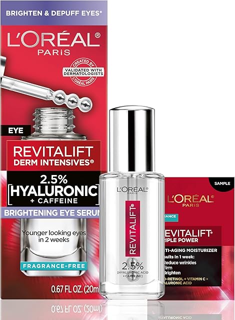 L'Oreal Paris Revitalift Hyaluronic Acid + Caffeine Hydrating Eye Serum for Dark Circles, Fragrance Free 67 fl oz + Moisturizer Sample