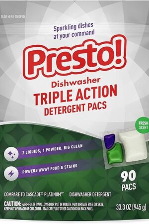 Amazon Brand - Presto! Triple Action Dishwasher Pacs, Fresh Scent, 90 Count