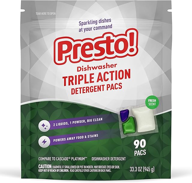 Amazon Brand - Presto! Triple Action Dishwasher Pacs, Fresh Scent, 90 Count