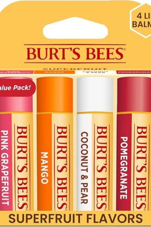 Burt's Bees Lip Balm - Pink Grapefruit, Mango, Coconut & Pear, and Pomegranate Pack, Lip Moisturizer With Beeswax, Tint-Free, Natural Origin Conditioning Treatment, 4 Tubes, 015 oz