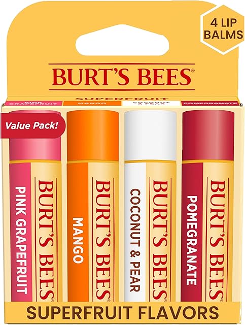 Burt's Bees Lip Balm - Pink Grapefruit, Mango, Coconut & Pear, and Pomegranate Pack, Lip Moisturizer With Beeswax, Tint-Free, Natural Origin Conditioning Treatment, 4 Tubes, 015 oz