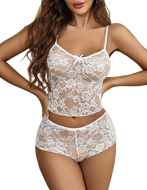 Lace Bra and Panty Set V Neck Babydoll Lingerie 2 Piece Mesh Bralette Set