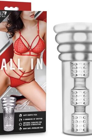 Blush M for Men All in 6" Pussy Masturbator - Self Lubricating Realistic Lips, Mouth, Throat Pocket Stroker, 3 Suction Chambers, Open Ended, Ultra Soft, Textured Sleeve - TPE Male Sex Toy - (Clear)