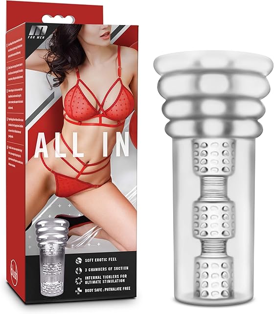 Blush M for Men All in 6" Pussy Masturbator - Self Lubricating Realistic Lips, Mouth, Throat Pocket Stroker, 3 Suction Chambers, Open Ended, Ultra Soft, Textured Sleeve - TPE Male Sex Toy - (Clear)