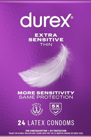 Durex Condom Extra Sensitive Natural Latex Condoms, 24 Count - Ultra Fine & Extra Lubricated, Regular Fit, FSA HSA Eligible