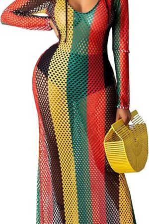 Women's Sexy Swimsuit Maxi Dress Cover Up Long Sleeve Hollow Out Fishnet See Through Summer Beach Swimwear