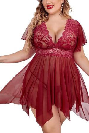 Women's Plus Size Babydoll Floral Lace Lingerie Deep V Nighty Mesh Sleepwear