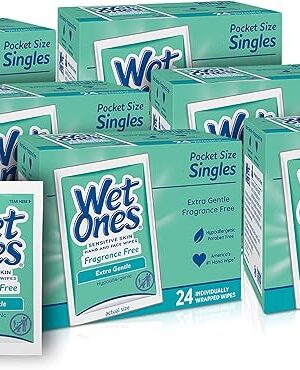 Wet Ones Hand and Face Wipes Singles,/Unscented Wipes for Sensitive Skin | Individual Wipes, Hand Wipes Individually Wrapped/| 24 ct. (6 pack)