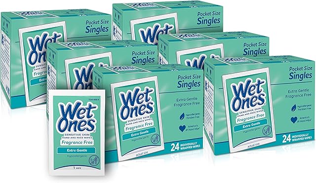 Wet Ones Hand and Face Wipes Singles,/Unscented Wipes for Sensitive Skin | Individual Wipes, Hand Wipes Individually Wrapped/| 24 ct. (6 pack)