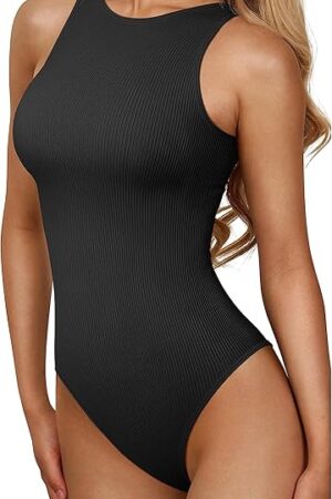 Women's Sexy Sleeveless Square Neck Ribbed Strappy Tank Tops One Piece Bodysuits