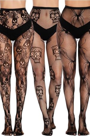3 Pairs Patterned Fishnet Tights for Women - Black Fish Net Stockings with Designs Sexy Mesh Leggings