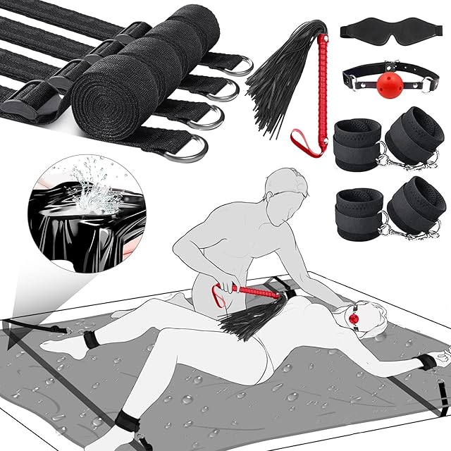 Bondage BDSM Sex Toys Bed Restraints - Under The Bed Restraints Kit with Waterproof Sex Bed Sheets for Couples, Bondage Straps Ball Gag Blindfold Sex Whips Set, Sex Toys for Couple