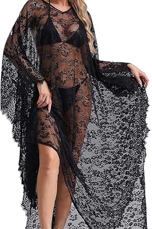 Women's See-Through Floral Lace Long Robe V-Shaped Back Sheer Nightgowns Bikini Cover Up