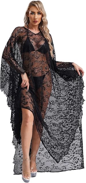 Women's See-Through Floral Lace Long Robe V-Shaped Back Sheer Nightgowns Bikini Cover Up