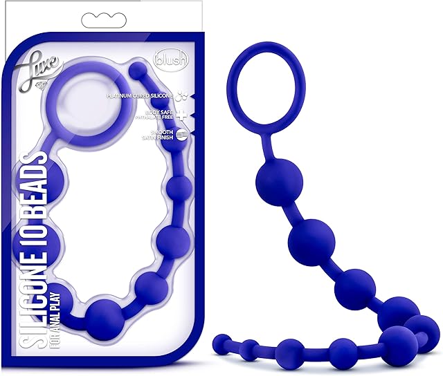 Blush Luxe 125" Ultrasilk Silicone Anal Beads - 10 Graduated Beads, Safe Loop Handle Lasso Anal Trainer - Beginner Satin Smooth Butt Plug - Anal Play Adult Sex Toy for Women, Men & Couples - (Indigo)