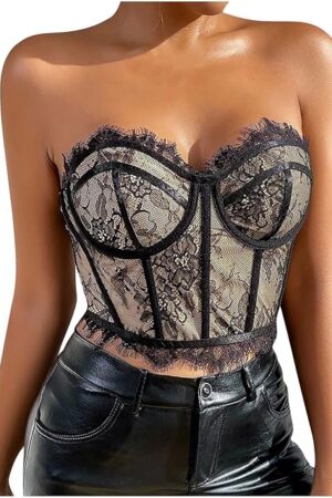 Women's Bustier Crop Top, Sexy Strapless Tube Corset Bra Tops Floral Lace Lingerie Club & Night Going Out Tops