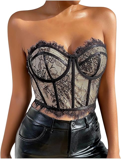 Women's Bustier Crop Top, Sexy Strapless Tube Corset Bra Tops Floral Lace Lingerie Club & Night Going Out Tops