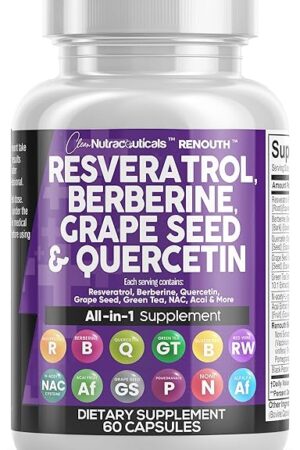 Clean Resveratrol Supplement | Berberine Grape Seed Extract Quercetin Green Tea Extract Acai Noni Polyphenol Supplement for Women & Men Anti Aging N-Acetyl Cysteine NAD Booster