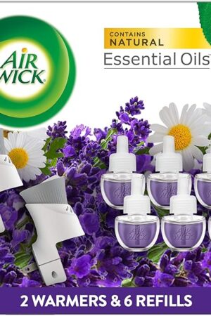 Air Wick Plug in Scented Oil Starter Kit, 2 Warmers + 6 Refills, Lavender & Chamomile, Eco Friendly, Essential Oils, Air Freshener
