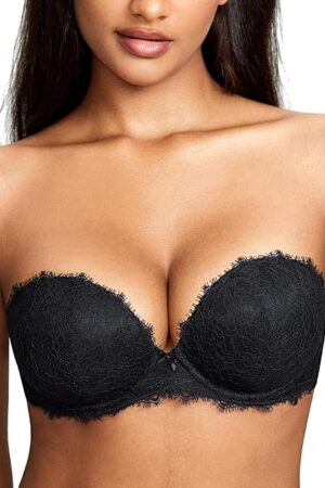 Women's Strapless Push Up Bra Lace Plus Size Plunge Padded Underwire Bras Add 1 Cup