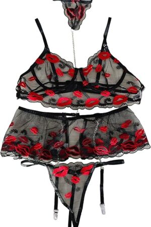 Women's Choker Embroidered Lingerie Sets Sheer Lace Underwire Bra And Panty with Mini Skirt Garter Chain Lingerie Set