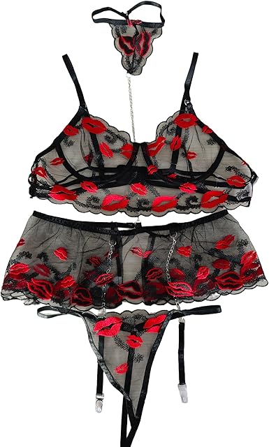 Women's Choker Embroidered Lingerie Sets Sheer Lace Underwire Bra And Panty with Mini Skirt Garter Chain Lingerie Set
