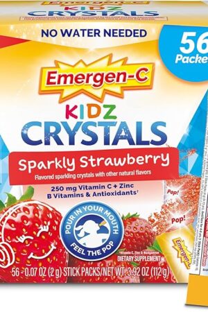 Emergen-C Kidz Crystals, On-the-Go Emergen-C Immune Support Supplement with Vitamin C, B Vitamins, Zinc and Manganese, Sparkly Strawberry, Stocking Stuffer - 56 Stick Packs