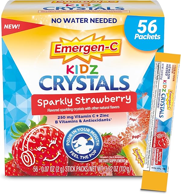 Emergen-C Kidz Crystals, On-the-Go Emergen-C Immune Support Supplement with Vitamin C, B Vitamins, Zinc and Manganese, Sparkly Strawberry, Stocking Stuffer - 56 Stick Packs