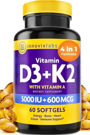 InnovixLabs Vitamin D3 K2-5000 IU Vitamin D3 Plus 600 mcg Vitamin K2 MK4 and MK7 for Max Calcium Absorption, Supports Bone, Immune, Heart Health, 3rd Party Tested, Gluten Free, 60 Softgels