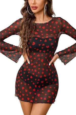 Women's Mesh Dress Backless Bell Sleeve Party Clubwear Mini Bodycon Dresses