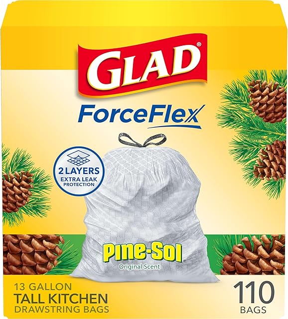 Glad Tall Kitchen Trash Bags 13 Gallon, Pine-Sol Garbage Bags, Odorshield with Drawstring, 110 Count