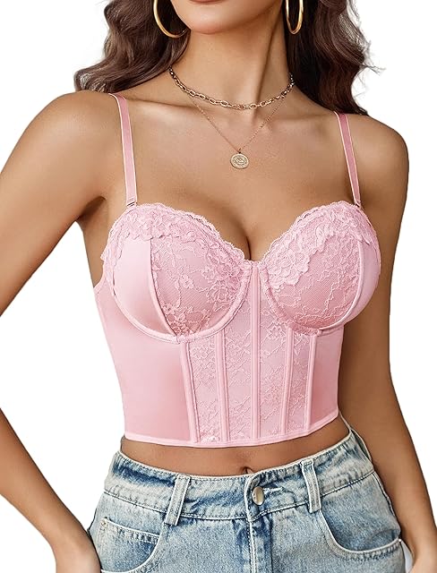 Bustier Tops for Women V Neck Lace Bralettes with Underwired Sexy Corset Concert Crop Top