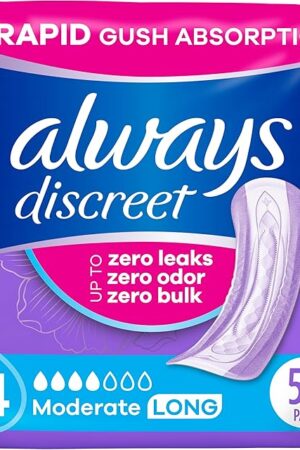 Always Discreet Adult Incontinence Pads for Women, Moderate Absorbency, Long Length, Postpartum Pads, 54 Count