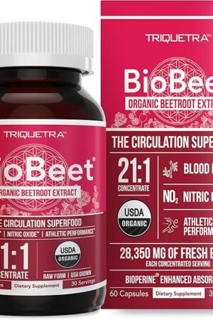 BioBeet? Max Strength Beet Root Capsules - 21:1 Concentrate, Each Serving Derived from 28,350 mg Organic Beetroot - Absorption Enhancement with BioPerine? Black Pepper Extract (60 Capsules)