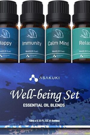 ASAKUKI Essential Oil Blends, Essential Oils for Diffusers for Home, Well-Being Kit- Calm Mind, Sweet Dreams, Happy, Relax, Air Freshening, Immunity for Aromatherapy, Humidifiers, Massage, 6x10ml