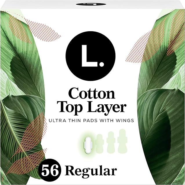 L Ultra Thin Pads for Women, Regular Absorbency, Organic Cotton Top Layer, Unscented Pads with Wings, 56 Count