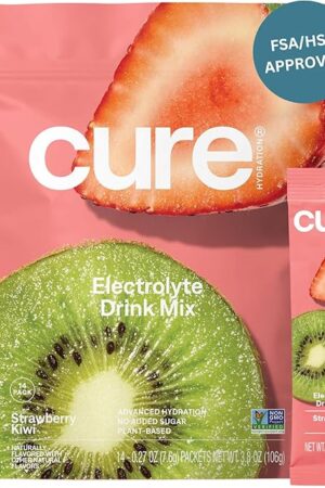 Cure Hydration | Plant-Based Electrolyte Drink Mix | No Added Sugar | FSA & HSA | Dehydration Relief Powder Made with Coconut Water | Non-GMO | Vegan | Pouch of 14 Packets - Strawberry Kiwi