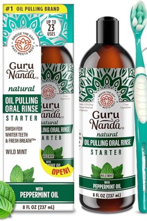 GuruNanda Starter Pulling Oil Mouthwash for Natural Teeth Whitening, Coconut and Peppermint Oil for Fresh Breath & Happy Gums, Alcohol-Free, 8 Oz