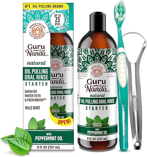 GuruNanda Starter Pulling Oil Mouthwash for Natural Teeth Whitening, Coconut and Peppermint Oil for Fresh Breath & Happy Gums, Alcohol-Free, 8 Oz